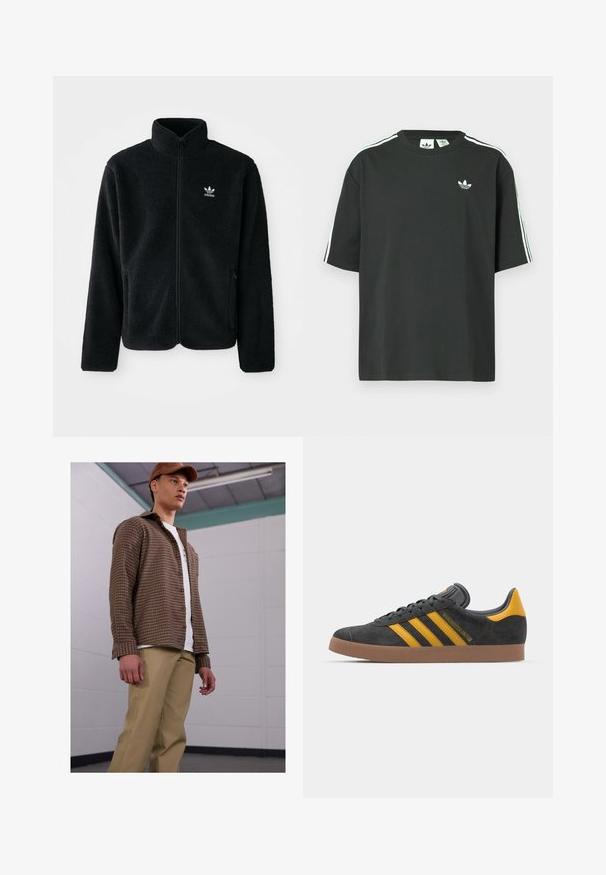 Sort fleecejakke med høj krave, lynlås foran og frontlommer. Har tekstureret stof og lille hvidt logo på venstre bryst.; Sort bomulds-T-shirt med korte ærmer, rund hals og hvide tre-stribede detaljer på skuldrene. Har et lille hvidt logo på brystet.; Brunternetternede skjorte med lange ærmer, parret med beige bukser, båret over en hvid t-shirt. Modellen står i en simpel indendørs setting.; Sort suedet sneaker med gule accenter, der har tre striber og en brun gummisål. Inkluderer en polstret tunge for komfort.