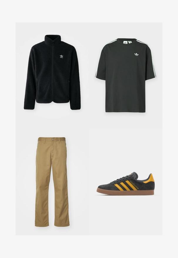 Sort fleecejakke med høj krave, lynlås foran og frontlommer. Har tekstureret stof og lille hvidt logo på venstre bryst.; Sort bomulds-T-shirt med korte ærmer, rund hals og hvide tre-stribede detaljer på skuldrene. Har et lille hvidt logo på brystet.; Khaki chinos med lige bendesign, lavet af glat bomuldsstof. Har en knaplukning foran og sidelommer.; Sort suedet sneaker med gule accenter, der har tre striber og en brun gummisål. Inkluderer en polstret tunge for komfort.