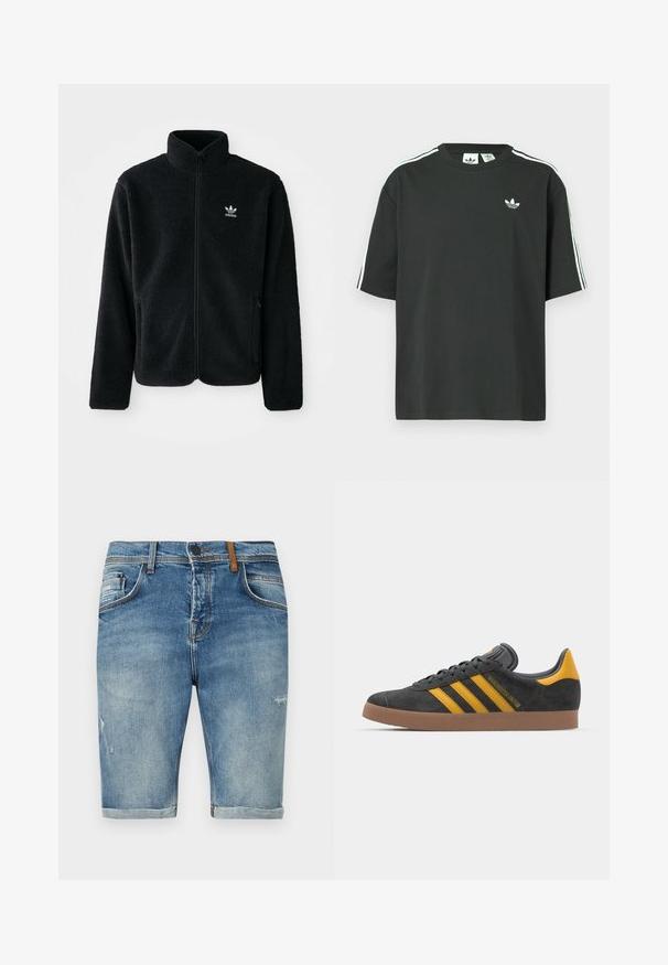 Melns flīsa mētelis ar augstu apkakli, ar rāvējslēdzēju priekšā un priekšējiem kabatām. Iezīmē ar teksturētu audumu un mazu baltu logo uz kreisā krūtīm.; Melna kokvilnas T-krekls ar īsām piedurknēm, apaļu kakla izgriezumu un baltām trim svītrām uz pleciem. Uz krūtīm neliels balts logo.; Gaiši zili džinsu šorti ar nolietojuma detaļām, ar standarta vidukli, priekšējām kabatām un sarullētu apakšmalu.; Melnas zamšādas kedas ar dzelteniem akcentiem, kurām ir trīs svītras un brūna gumijas zole. Iekļauta mīksta valkāšanas tongue komfortam.