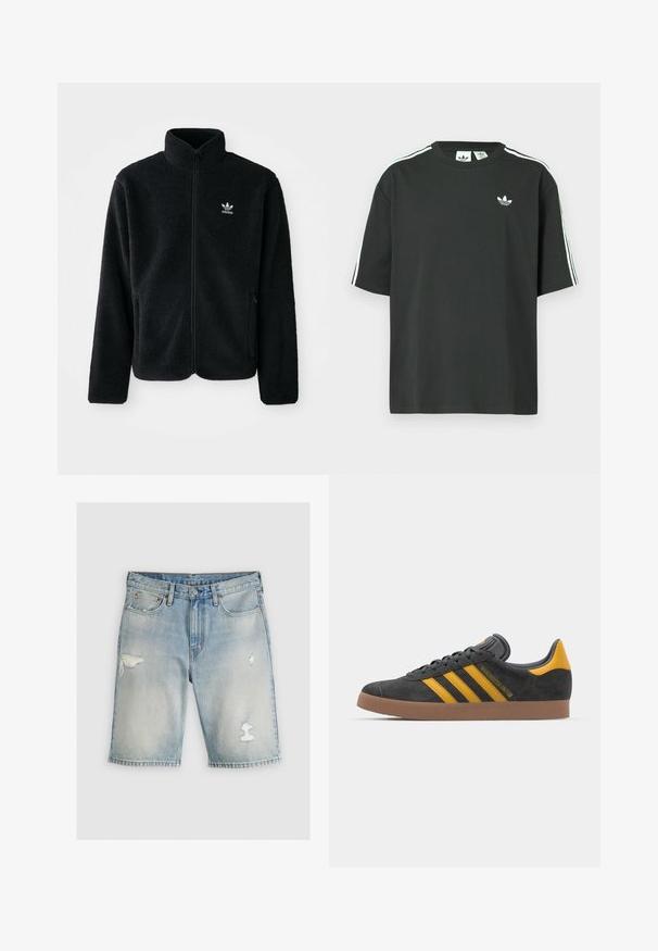 Casaco de fleece preto com gola alta, fecho de correr à frente e bolsos frontais. Apresenta um tecido texturizado e um pequeno logo branco no lado esquerdo do peito.; T-shirt preta de algodão com mangas curtas, gola redonda e detalhe branco de três riscas nos ombros. Apresenta um pequeno logotipo branco no peito.; Calções de ganga azul clara com alta cintura, apresentando remendos desfiados e bordas destroçadas. Design de cinco bolsos e detalhes em metal.; Tenis em camurça preta com detalhes amarelos, apresentando três riscas e uma sola de borracha castanha. Inclui uma língua acolchoada para maior conforto.