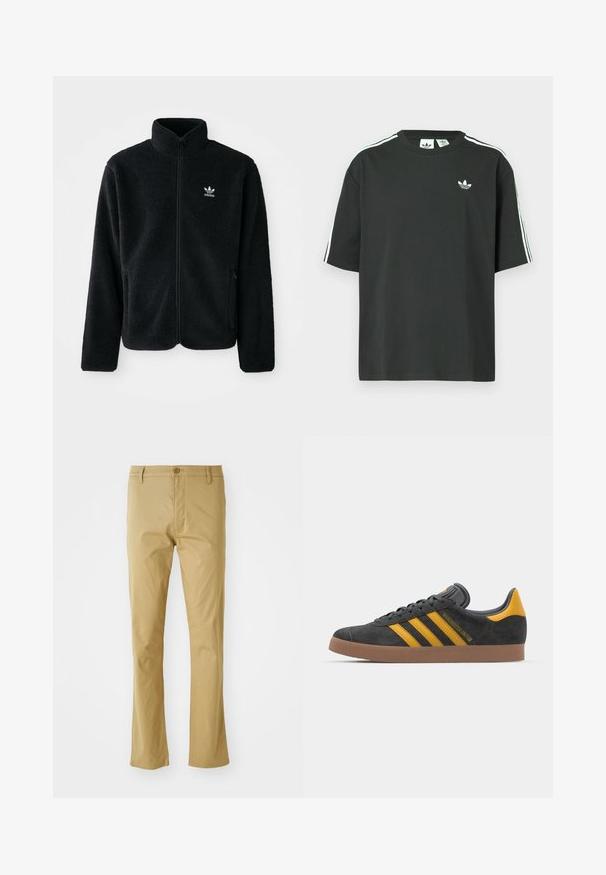 Jachetă din fleece neagră cu guler înalt, fermoar pe față și buzunare frontale. Caracteristici ale materialului texturat și un mic logo alb pe pieptul stâng.; Tricou negru din bumbac cu mâneci scurte, guler rotund și detalii albe cu trei dungi pe umeri. Prezintă un logo mic alb pe piept.; Pantaloni bej deschis din bumbac, cu un design cu picior drept, având un închizător frontal cu nasture și o textură subtilă. Fără modele sau accente.; Tenisi negri din suede cu accente galbene, având trei dungi și o talpă din cauciuc maroniu. Include un limba căptușită pentru confort.