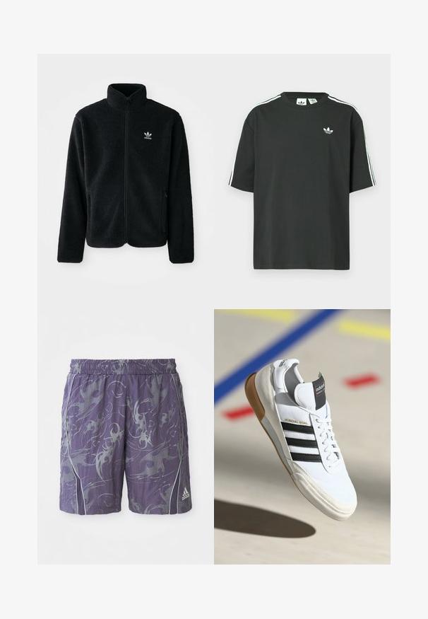 Fekete bolyhos dzseki magas gallérral, cipzáros elejével és elülső zsebeivel. Texturált anyaga és kis fehér logója van a bal mellen.; Fekete pamutpóló rövid ujjakkal, kerek nyakkivágással és fehér háromcsíkos mintázattal a vállakon. A mellrészen kis fehér logó található.; Lila sportnadrág absztrakt ezüst mintákkal, elasztikus derékpánttal, oldalsó pipingszalaggal és Adidas logóval a jobb lábszáron.; Fehér Adidas Mundial Goal sneaker fekete csíkokkal és gumitalppal, a levegőben egy sportpálya padlóján látható, színes vonalakkal.