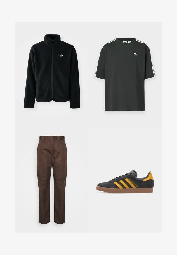 Svart fleecejakke med høy krage, glidelås foran og frontlommer. Har strukturert stoff og liten hvit logo på venstre bryst.; Svart t-skjorte i bomull med korte ermer, rund hals og hvite trestripesdetaljer på skuldrene. Har en liten hvit logo på brystet.; Brune, rette bukser med en glat tekstur. Har en bæltestrop, sidesømme og et lille mærkelo i venstre ben.; Sort skinnesko i svart semsket skinn med gule detaljer, med tre striper og en brun gummisåle. Inkluderer en polstret tunge for komfort.