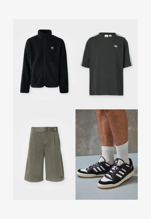Černá fleecová bunda s vysokým límcem, předním zipem a předními kapsami. Disponuje strukturovanou tkaninou a malým bílým logem na levé hrudi.; Černé bavlněné tričko s krátkými rukávy, kulatým výstřihem a bílými třemi pruhy na ramenou. Na hrudi je malá bílá logo.; Oliveové zelené kraťasy vyrobené z bavlněné směsi. Mají sklady a rovný střih, s malou nášivkou značky na boku.; Černobílé tenisky s vrchní částí z semišové a kožené kůže, včetně tří bílých pruhů, perforovaného špičky a podrážky z gumy.