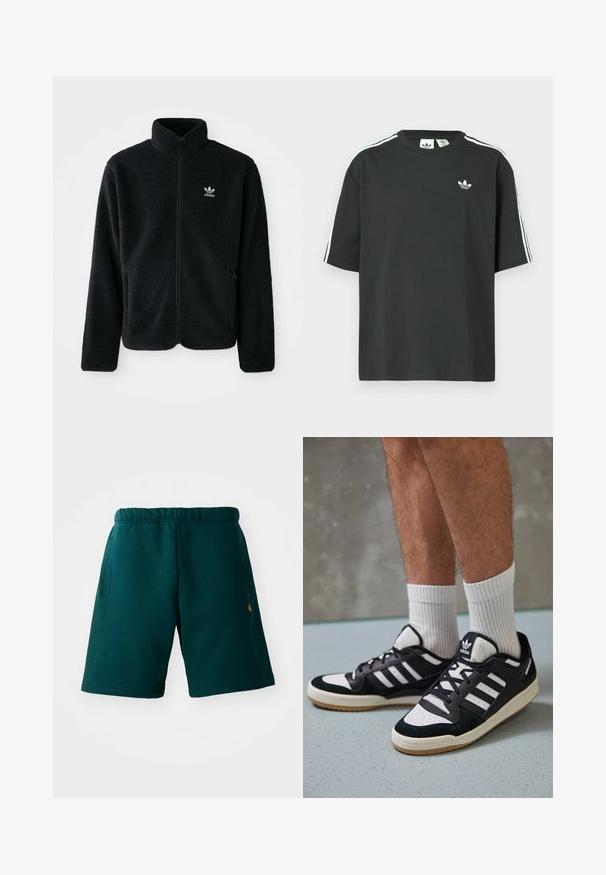 Veste en polaire noire avec col haut, fermeture éclair à l'avant et poches перед тобой. Présente un tissu texturé et un petit logo blanc sur la poitrine gauche.; T-shirt en coton noir à manches courtes, col rond, avec un détail blanc à trois bandes sur les épaules. Présente un petit logo blanc sur la poitrine.; Shorts en coton vert foncé avec une taille élastique, des poches latérales et un petit logo sur le côté inférieur. Texture lisse et design à hauteur du genou.; Baskets noir et blanc avec une tige en suède et cuir, comportant trois rayures blanches, un bout perforé et une semelle en caoutchouc gum.