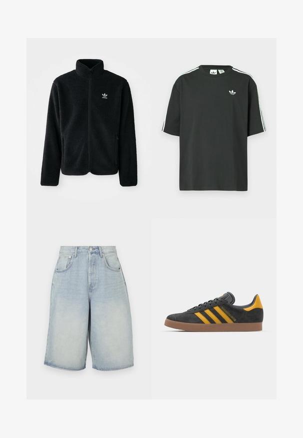 Fekete bolyhos dzseki magas gallérral, cipzáros elejével és elülső zsebeivel. Texturált anyaga és kis fehér logója van a bal mellen.; Fekete pamutpóló rövid ujjakkal, kerek nyakkivágással és fehér háromcsíkos mintázattal a vállakon. A mellrészen kis fehér logó található.; Világos kék farmer rövidnadrág, laza szabású, magas derékkal, öt zsebbel és egyenes szegéllyel. Enyhén fakó az elhasználódott megjelenésért.; Fekete velúrbőr sportcipő sárga díszítéssel, három csíkkal és barna gumitalppal. Párnázott nyelvével a kényelem érdekében.