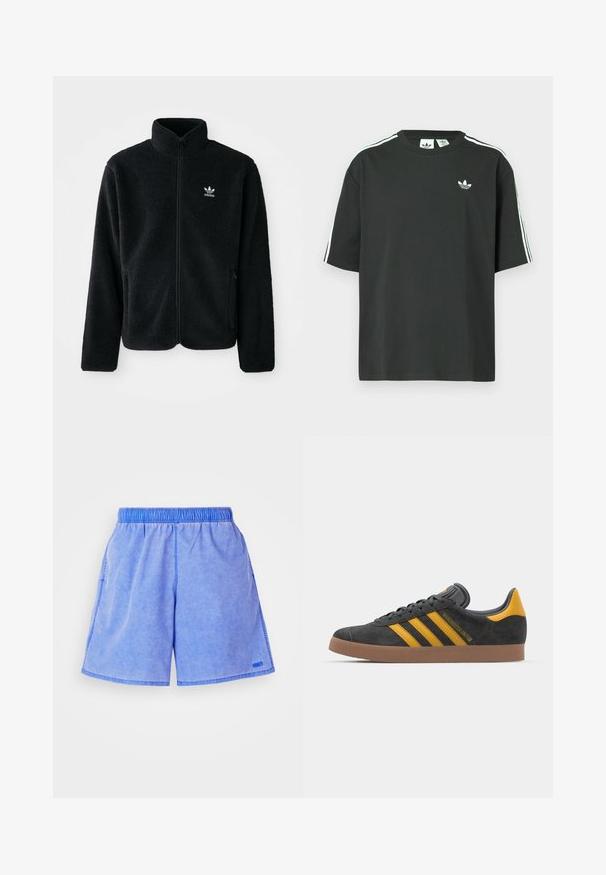 Črna flis jakna z visokim ovratnikom, z zadrgo spredaj in sprednjimi žepi. Ima strukturno blago in majhno belo logo na levi strani prsnega koša.; Črna bombažna majica s kratkimi rokavi, okroglim vratom in belo trikratno črtasto okrasitvijo na ramenih. Na prsih majhen beli logotip.; Svetlo modri šortsi z elastičnim pasom, stranskimi žepi in majhno logotipno podrobnostjo. Tkanina se zdi mehka z rahlo teksturo.; Črne semiš tene z rumenimi akcenti, ki vsebujejo tri trakove in rjavo gumo podplat. Vključujejo oblazinjeno jezik za udobje.