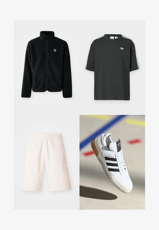 Svart fleecejakke med høy krage, glidelås foran og frontlommer. Har strukturert stoff og liten hvit logo på venstre bryst.; Svart t-skjorte i bomull med korte ermer, rund hals og hvite trestripesdetaljer på skuldrene. Har en liten hvit logo på brystet.; Kremfargede bomullsshorts med elastisk linning, sidelommer og en subtil logo på venstre bein. Glatt tekstur og knelengde design.; Hvite Adidas Mundial Goal sneakers med svarte striper og gummisåle, vist i luften over en sportsgulv med fargede linjer.