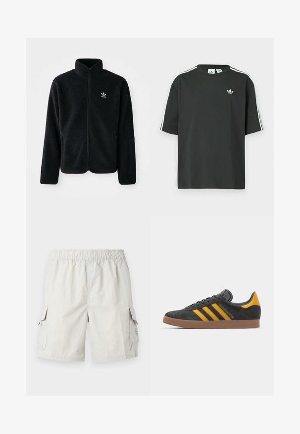 Zwarte fleece jacket met hoge kraag, ritssluiting aan de voorkant en voorzakken. Kenmerkt zich door textuurstof en een klein wit logo op de linkerborst.; Zwart katoenen T-shirt met korte mouwen, ronde hals en witte drie-strepen details op de schouders. Heeft een klein wit logo op de borst.; Lichtgrijze cargoshorts met een elastische tailleband, voorzien van twee zijzakken en een subtiele logo op de linkerzak.; Zwarte suède sneakers met gele accenten, voorzien van drie strepen en een bruine rubberen zool. Inclusief een gevoerde tong voor comfort.