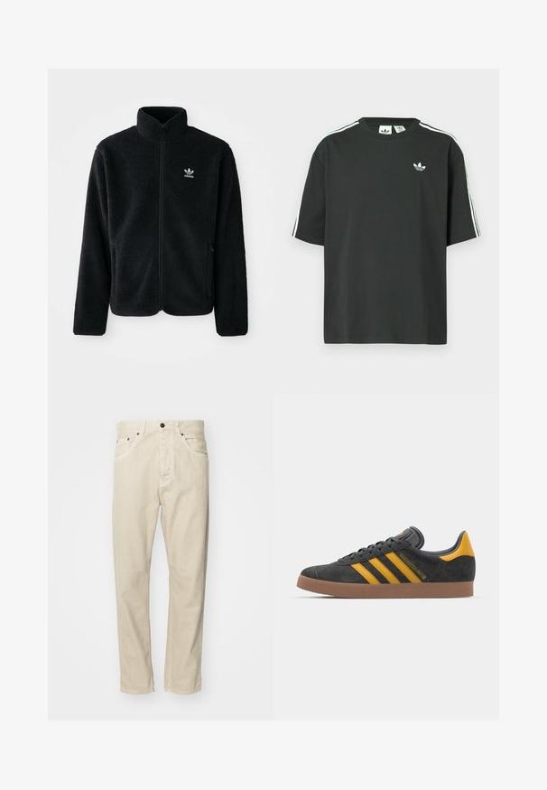 Black fleece jacket with high collar, zip front, and front pockets. Features textured fabric and small white logo on left chest.; Black cotton t-shirt with short sleeves, crew neckline, and white three-stripe detailing on shoulders. Features a small white logo on chest.; Beige, cotton pants with a straight-leg design, five pockets, and metal hardware accents. Smooth texture with minimal stitching details.; Black suede sneaker with yellow accents, featuring three stripes and a brown rubber sole. Includes a padded tongue for comfort.