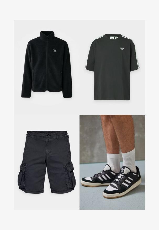 Black fleece jacket with high collar, zip front, and front pockets. Features textured fabric and small white logo on left chest.; Black cotton t-shirt with short sleeves, crew neckline, and white three-stripe detailing on shoulders. Features a small white logo on chest.; Black cargo shorts made of cotton with multiple side pockets, a zip fly, and belt loops. Features a durable fabric with visible stitching.; Black and white sneakers with a suede and leather upper, featuring three white stripes, a perforated toe, and a gum rubber sole.