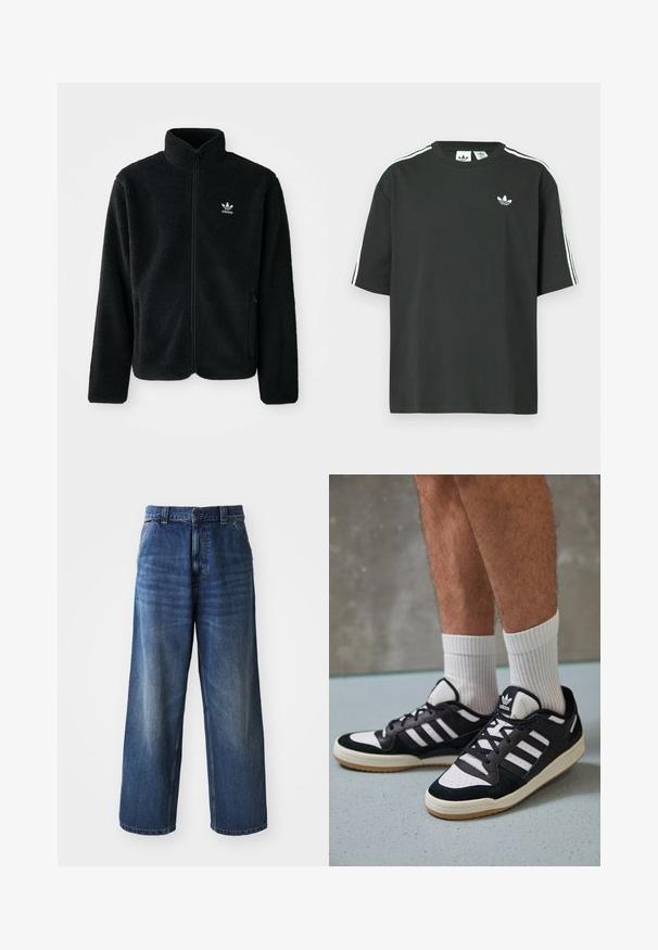 Crna fleec jakna s visokim ovratnikom, prednjim zatvaračem i prednjim džepovima. Ima teksturirani materijal i mali bijeli logo na lijevoj strani prsnog koša.; Crna pamučna majica kratkih rukava, s okruglim izrezom i bijelim detaljima u obliku triju pruga na ramenima. Na prsima se nalazi mali bijeli logotip.; Visoke plave traperice s širokim nogavicama, s blagim izbljeđivanjem, prednjim džepovima i zatvaranjem na gumbe u struku.; Crne i bijele tenisice s gornjim dijelom od antilopa i kože, s tri bijele pruge, perforiranim prstom i gumiranim potplatom.