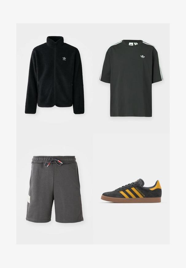 Black fleece jacket with high collar, zip front, and front pockets. Features textured fabric and small white logo on left chest.; Black cotton t-shirt with short sleeves, crew neckline, and white three-stripe detailing on shoulders. Features a small white logo on chest.; Gray athletic shorts with an elastic waistband and drawstring. Features side pockets and a fabric tag on the left side. Lightweight material.; Black suede sneaker with yellow accents, featuring three stripes and a brown rubber sole. Includes a padded tongue for comfort.