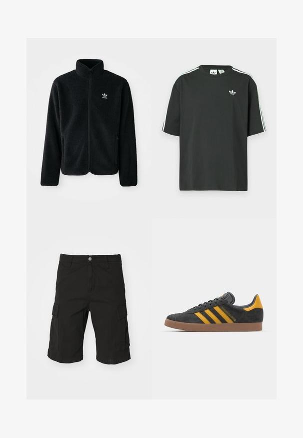 Veste en polaire noire avec col haut, fermeture éclair à l'avant et poches перед тобой. Présente un tissu texturé et un petit logo blanc sur la poitrine gauche.; T-shirt en coton noir à manches courtes, col rond, avec un détail blanc à trois bandes sur les épaules. Présente un petit logo blanc sur la poitrine.; Shorts cargo noirs en tissu durable, dotés de poches latérales, d'une fermeture à bouton et de détails de ourlet roulé. Design à coupe droite.; Baskets en suede noir avec des accents jaunes, présentant trois rayures et une semelle en caoutchouc marron. Comprend une languette rembourrée pour le confort.