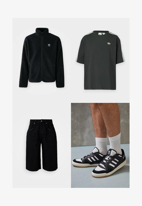 Black fleece jacket with high collar, zip front, and front pockets. Features textured fabric and small white logo on left chest.; Black cotton t-shirt with short sleeves, crew neckline, and white three-stripe detailing on shoulders. Features a small white logo on chest.; Black denim shorts with a straight-leg design, five pockets, metal button closure, and subtle texture. The hem is finished with a clean cut.; Black and white sneakers with a suede and leather upper, featuring three white stripes, a perforated toe, and a gum rubber sole.