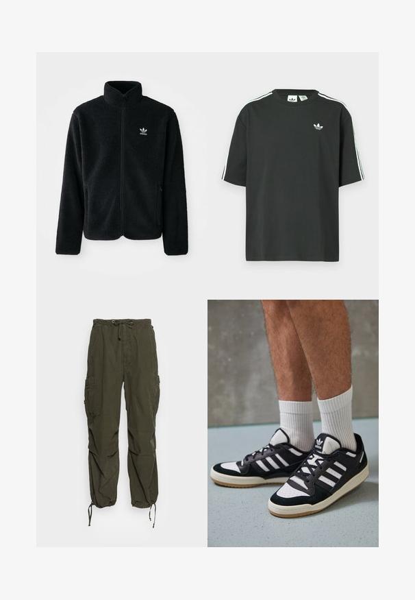 Zwarte fleece jacket met hoge kraag, ritssluiting aan de voorkant en voorzakken. Kenmerkt zich door textuurstof en een klein wit logo op de linkerborst.; Zwart katoenen T-shirt met korte mouwen, ronde hals en witte drie-strepen details op de schouders. Heeft een klein wit logo op de borst.; Cargo pants in olijfgroen, met een elastische tailleband met trekkoord, meerdere zakken en verstelbare boorden voor een tapered pasvorm.; Zwart-witte sneakers met een bovenwerk van suede en leer, voorzien van drie witte strepen, een geperforeerde neus en een rubberen gumzool.