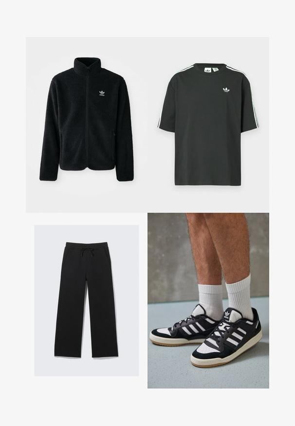 Svart fleecejakke med høy krage, glidelås foran og frontlommer. Har strukturert stoff og liten hvit logo på venstre bryst.; Svart t-skjorte i bomull med korte ermer, rund hals og hvite trestripesdetaljer på skuldrene. Har en liten hvit logo på brystet.; Sorte sweatpants med bred benvidde laget av myk stoff. Har elastisk liv med snor og sidelommer. Glatt tekstur.; Sorte og hvite sneakers med overdel i semsket skinn og lær, med tre hvite striper, perforert tå og en såle av gummi.