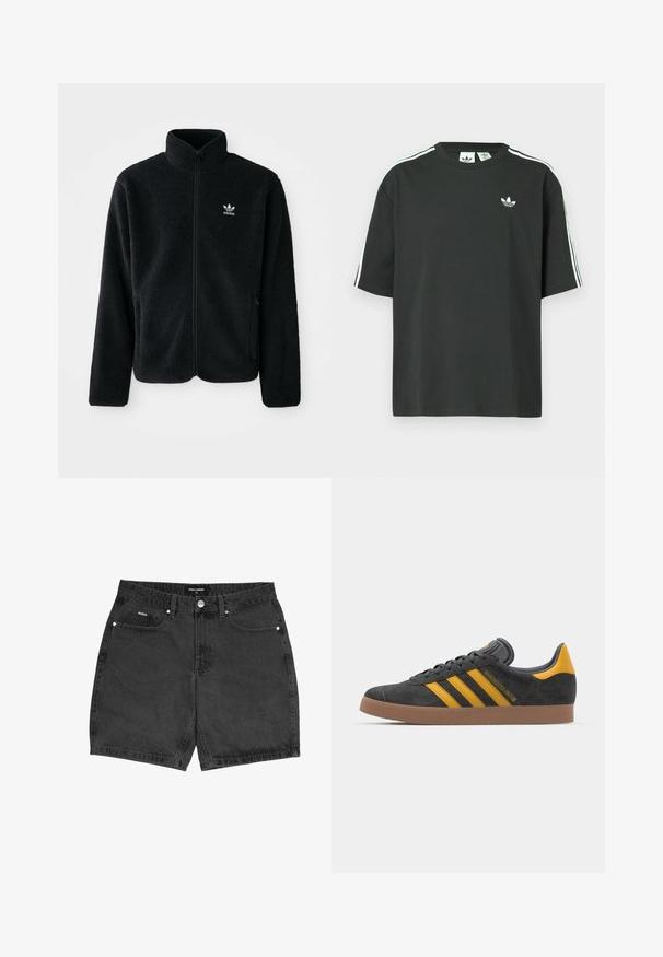 Must värviline fleecedee peasärk kõrge kraega, tõmblukuga esiosa ja esikotid. Omab tekstuuriga kangast ja väikest valget logo vasakul rinnal.; Mustast puuvillast lühikeste varrukatega t-särk, ümmarguse kaelusega ja valgete kolmetriipudega õlgadel. Rinnal on väike valge logo.; Mustadest denimist lühikesed püksid, sirge lõikega, viie taskuga ja nööpiga kinni. Omab väikeseid õmblusdetailide ja tekstureeritud kangast.; Mustad sametist spordijalatsid kollaste aktsentidega, millel on kolm triipu ja pruun kummitald. Mugavuse tagamiseks on neil pehmendatud keele osa.