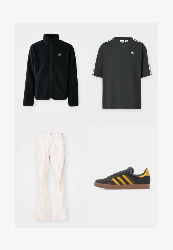 Black fleece jacket with high collar, zip front, and front pockets. Features textured fabric and small white logo on left chest.; Black cotton t-shirt with short sleeves, crew neckline, and white three-stripe detailing on shoulders. Features a small white logo on chest.; Cream-colored flared pants with vertical red pinstripes, featuring a button closure, side pockets, and a smooth textured fabric.; Black suede sneaker with yellow accents, featuring three stripes and a brown rubber sole. Includes a padded tongue for comfort.