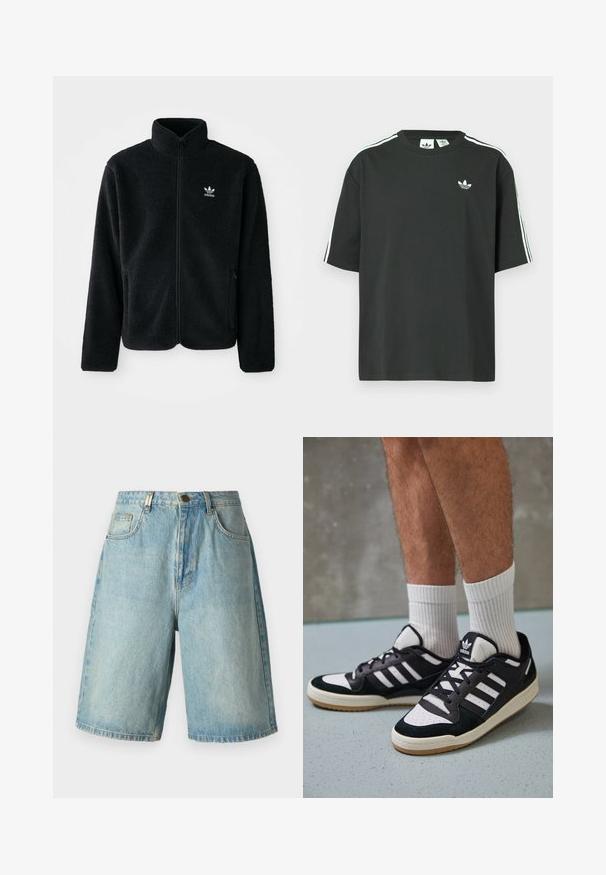 Czarna polarowa kurtka z wysokim kołnierzem, zamek z przodu i kieszeniami z przodu. Posiada teksturowany materiał i małe białe logo na lewej piersi.; Czarny bawełniany t-shirt z krótkimi rękawami, okrągłym dekoltem i białym detalem w postaci trzech pasków na ramionach. Na piersi znajduje się małe białe logo.; Jasnoniebieskie szorty dżinsowe o luźnym kroju, z przednimi kieszeniami, zapięciem na guzik oraz wyblakłym wykończeniem z subtelnymi szczegółami w postaci przetarć.; Czarno-białe sneakersy z zamszową i skórzaną cholewką, z trzema białymi paskami, perforowanym czubkiem i gumową podeszwą w kolorze gumy.