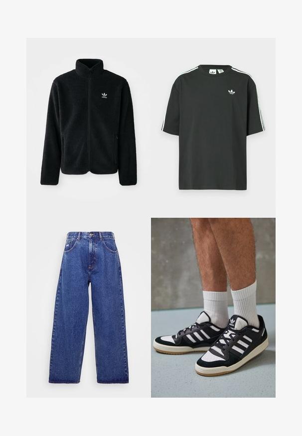Svart fleecejacka med hög krage, blixtlås fram och framfickor. Har strukturtyg och en liten vit logotyp på vänster bröst.; Svart bomulls-t-shirt med korta ärmar, rund halsringning och vita tre ränder på axlarna. Har en liten vit logotyp på bröstet.; Breda, blå denimjeans med hög midja, utrustade med fem fickor, knäppning med knapp och subtila blekningar för textur.; Svartvita sneakers med ovandel i mocka och läder, med tre vita ränder, perforerad tå och sula av gummigummi.