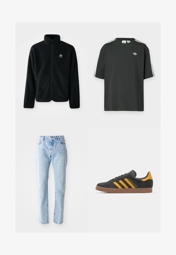 Veste en polaire noire avec col haut, fermeture éclair à l'avant et poches перед тобой. Présente un tissu texturé et un petit logo blanc sur la poitrine gauche.; T-shirt en coton noir à manches courtes, col rond, avec un détail blanc à trois bandes sur les épaules. Présente un petit logo blanc sur la poitrine.; Jeans en denim bleu clair avec une coupe droite, style cinq poches et taille haute. Peu de décoloration et pas d'ornements visibles.; Baskets en suede noir avec des accents jaunes, présentant trois rayures et une semelle en caoutchouc marron. Comprend une languette rembourrée pour le confort.