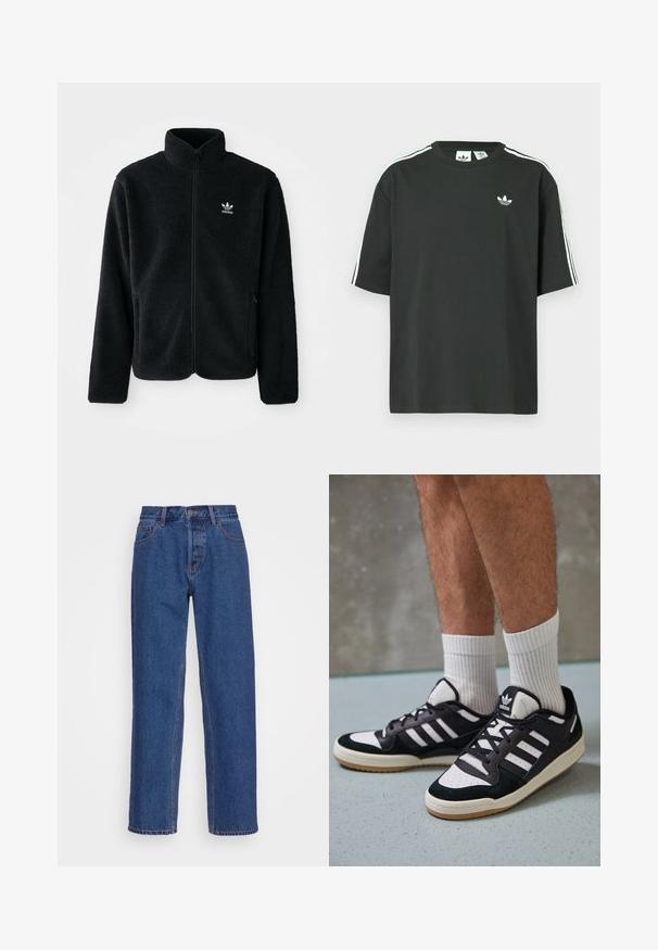 Svart fleecejakke med høy krage, glidelås foran og frontlommer. Har strukturert stoff og liten hvit logo på venstre bryst.; Svart t-skjorte i bomull med korte ermer, rund hals og hvite trestripesdetaljer på skuldrene. Har en liten hvit logo på brystet.; Blå denimjeans med klassisk rett ben-design, med høy midje, beltehemper og subtile sømdetaljer.; Sorte og hvite sneakers med overdel i semsket skinn og lær, med tre hvite striper, perforert tå og en såle av gummi.