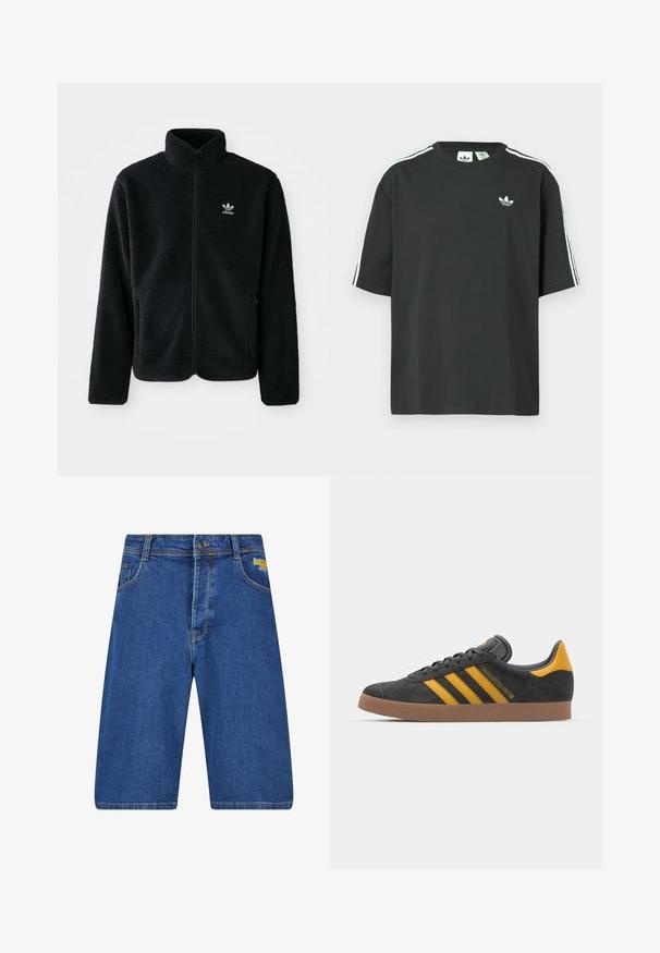 Musta fleece-takki, jossa on korkea kaulus, vetoketjusuljenta ja etutaskut. Käyttää teksturoitua kangasta ja siinä on pieni valkoinen logo vasemmassa rinnassa.; Musta puuvillainen t-paita, jossa on lyhyet hihat, pyöreä pääntie ja valkoiset kolmen raidan yksityiskohdat olkapäillä. Rinnan kohdalla on pieni valkoinen logo.; Tummansinisiä farkkushortseja, joissa on rento leikkaus, viisi taskua, keltainen logotieto ja kontrastiväriset taitteet.; Mustat samettiset tennarit, joissa on keltaisia yksityiskohtia, kolmonen raita ja ruskea kumipohja. Sisältää pehmustetun kielisen mukavuutta varten.