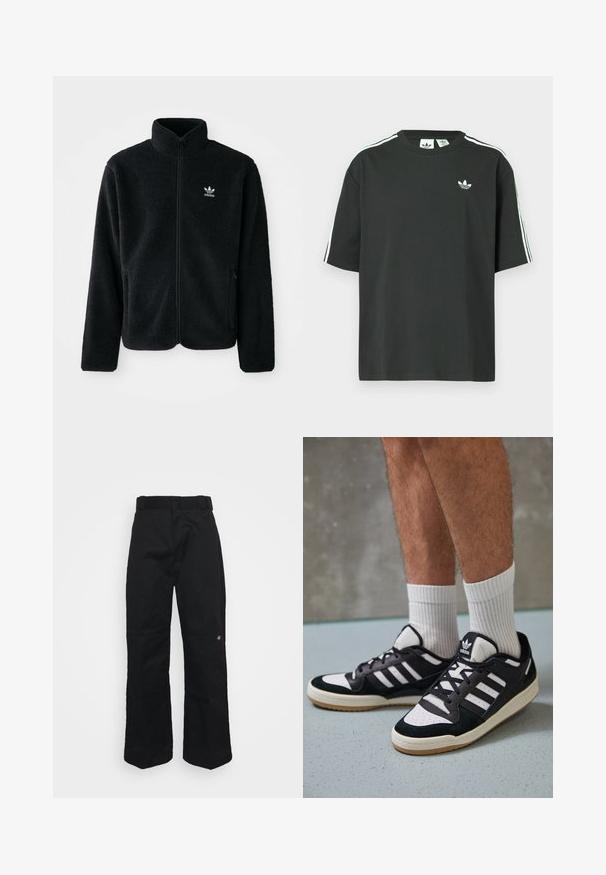 Fekete bolyhos dzseki magas gallérral, cipzáros elejével és elülső zsebeivel. Texturált anyaga és kis fehér logója van a bal mellen.; Fekete pamutpóló rövid ujjakkal, kerek nyakkivágással és fehér háromcsíkos mintázattal a vállakon. A mellrészen kis fehér logó található.; Fekete, széles szárú nadrág sima textúrával, normál derékkal és egy kis hímzett logóval a jobb lábnál.; Fekete-fehér tornacipők velúr és bőr felsőrésszel, három fehér csíkkal, perforált orral és gumi talppal.