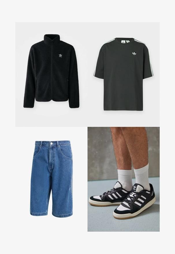 Casaco de fleece preto com gola alta, fecho de correr à frente e bolsos frontais. Apresenta um tecido texturizado e um pequeno logo branco no lado esquerdo do peito.; T-shirt preta de algodão com mangas curtas, gola redonda e detalhe branco de três riscas nos ombros. Apresenta um pequeno logotipo branco no peito.; Calções de ganga em azul médio, com um corte clássico, cinco bolsos e fecho com botão de metal. Textura ligeiramente desgastada no tecido.; Ténis em preto e branco com upper em camurça e couro, apresentando três riscas brancas, um toe perfurado e uma sola em borracha de goma.
