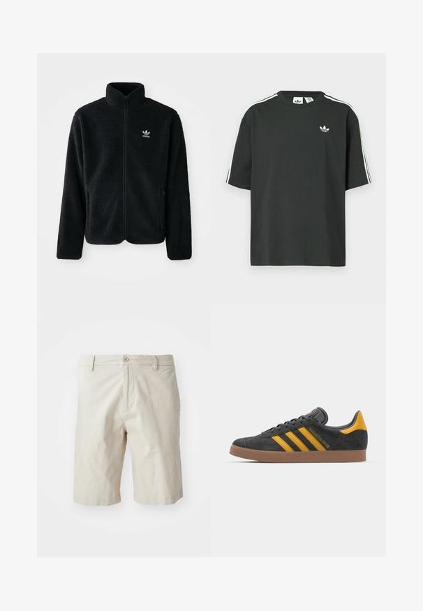Sort fleecejakke med høj krave, lynlås foran og frontlommer. Har tekstureret stof og lille hvidt logo på venstre bryst.; Sort bomulds-T-shirt med korte ærmer, rund hals og hvide tre-stribede detaljer på skuldrene. Har et lille hvidt logo på brystet.; Beige bomulds shorts med frontlukning med knap, bæltestropper og lige ben design. Glat tekstur, der slutter lige over knæet.; Sort suedet sneaker med gule accenter, der har tre striber og en brun gummisål. Inkluderer en polstret tunge for komfort.