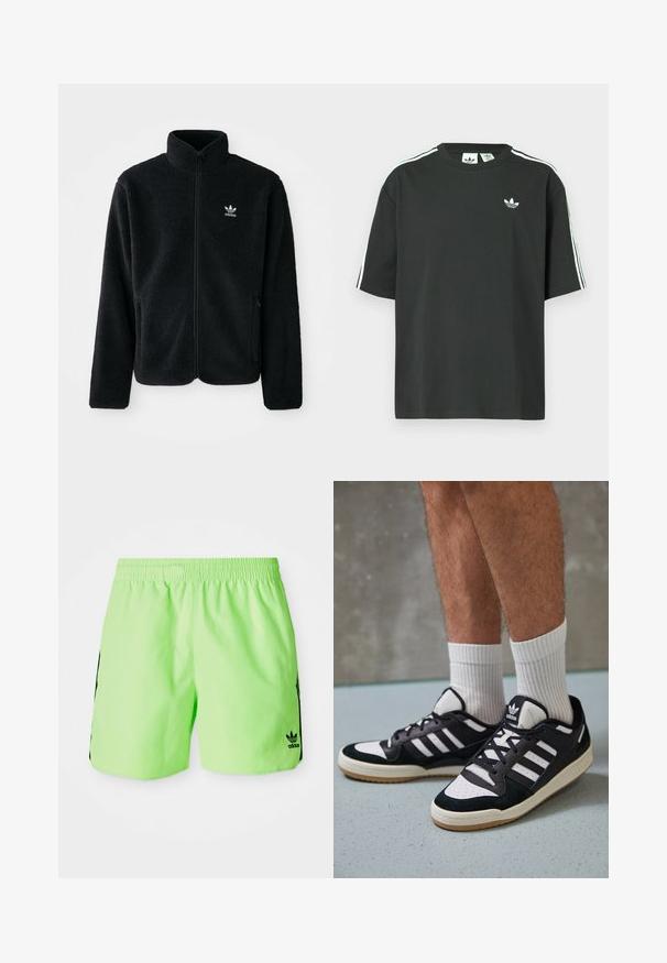 Juodas fliso džemperis su aukštu apykakle, užtrauktuku priekyje ir priekinėmis kišenėmis. Ypatybės: tekstūruota medžiaga ir mažas baltas logotipas kairėje krūtinės pusėje.; Juoda medvilninė trumpų rankovių marškinėliai su apvalia apykakle ir trimis baltomis juostelėmis ant pečių. Priekyje yra mažas baltas logotipas.; Neon žalios sportinės šortai su elastine juosta ir juodais šonais. Apatinėje dešinėje pusėje yra mažas juodas logotipas.; Juodos ir baltos sportinės bateliai su zomšiniu ir odiniu viršumi, su trimis baltomis juostelėmis, perforuota koja ir guminėmis padais.