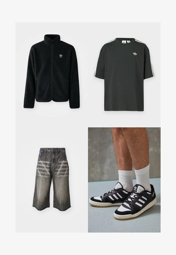 Crna fleec jakna s visokim ovratnikom, prednjim zatvaračem i prednjim džepovima. Ima teksturirani materijal i mali bijeli logo na lijevoj strani prsnog koša.; Crna pamučna majica kratkih rukava, s okruglim izrezom i bijelim detaljima u obliku triju pruga na ramenima. Na prsima se nalazi mali bijeli logotip.; Traperice kratke hlače u tamnosivoj boji s izblijedjelim uzorkom. Imaju kontrastne ljubičaste šavove i širok, slobodan kroj.; Crne i bijele tenisice s gornjim dijelom od antilopa i kože, s tri bijele pruge, perforiranim prstom i gumiranim potplatom.