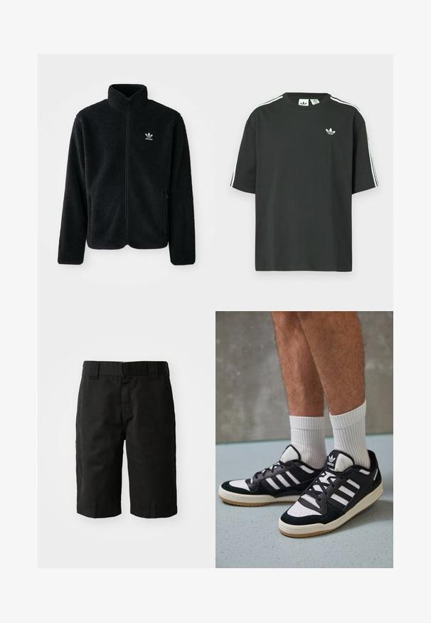 Veste en polaire noire avec col haut, fermeture éclair à l'avant et poches перед тобой. Présente un tissu texturé et un petit logo blanc sur la poitrine gauche.; T-shirt en coton noir à manches courtes, col rond, avec un détail blanc à trois bandes sur les épaules. Présente un petit logo blanc sur la poitrine.; Shorts en coton noir avec une coupe droite, des passants de ceinture et un devant plat. Comprend des poches sur les côtés et une texture lisse.; Baskets noir et blanc avec une tige en suède et cuir, comportant trois rayures blanches, un bout perforé et une semelle en caoutchouc gum.