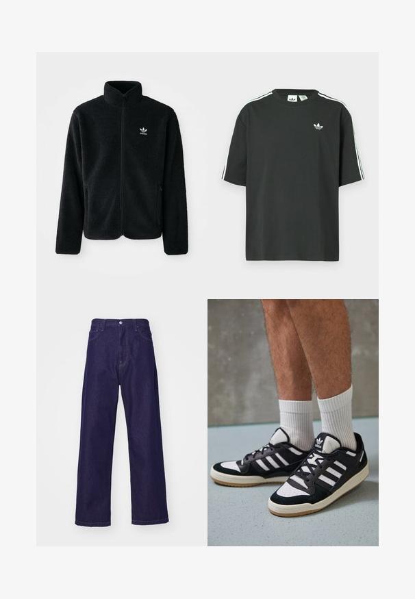 Musta fleece-takki, jossa on korkea kaulus, vetoketjusuljenta ja etutaskut. Käyttää teksturoitua kangasta ja siinä on pieni valkoinen logo vasemmassa rinnassa.; Musta puuvillainen t-paita, jossa on lyhyet hihat, pyöreä pääntie ja valkoiset kolmen raidan yksityiskohdat olkapäillä. Rinnan kohdalla on pieni valkoinen logo.; Tumma sininen farkkukangas, leveät lahkeet ja korkea vyötärö, joissa on etutaskut ja nappisuljenta, esittäen sileää ja kestävää rakennetta.; Valkoiset ja mustat tennarit, joissa on mokkanahka- ja nahkapäällinen, kolme valkoista raitaa, rei'itetty kärki ja kumipohja.