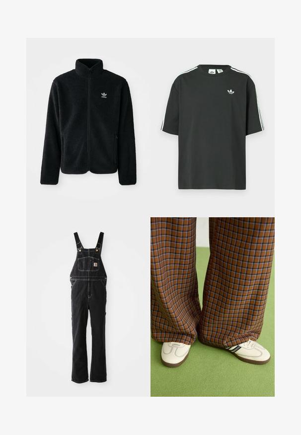 Svart fleecejacka med hög krage, blixtlås fram och framfickor. Har strukturtyg och en liten vit logotyp på vänster bröst.; Svart bomulls-t-shirt med korta ärmar, rund halsringning och vita tre ränder på axlarna. Har en liten vit logotyp på bröstet.; Svarta denimsoveraller har justerbara remmar, en framficka och detaljer i guld. Tyget har en texturerad och kraftig känsla.; Bruna och blå rutiga vida byxor i kombination med vita skor med svarta accenter och texturerade sulor, mot en grön bakgrund.