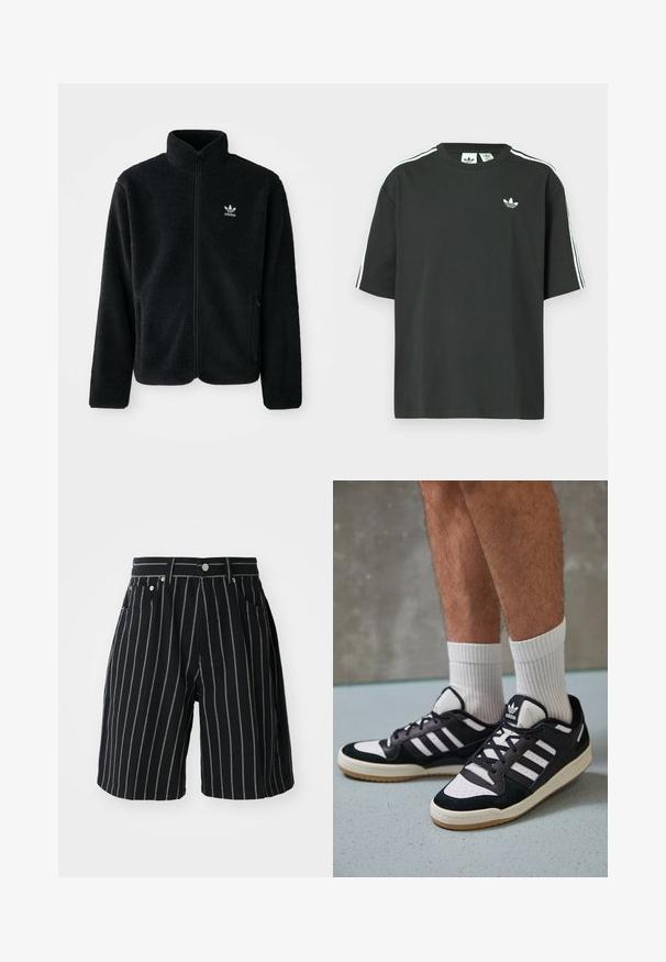 Black fleece jacket with high collar, zip front, and front pockets. Features textured fabric and small white logo on left chest.; Black cotton t-shirt with short sleeves, crew neckline, and white three-stripe detailing on shoulders. Features a small white logo on chest.; Black striped shorts made of cotton, featuring contrasting white vertical stripes, a button closure, and front pockets.; Black and white sneakers with a suede and leather upper, featuring three white stripes, a perforated toe, and a gum rubber sole.