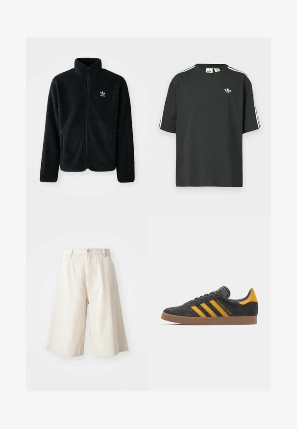 Zwarte fleece jacket met hoge kraag, ritssluiting aan de voorkant en voorzakken. Kenmerkt zich door textuurstof en een klein wit logo op de linkerborst.; Zwart katoenen T-shirt met korte mouwen, ronde hals en witte drie-strepen details op de schouders. Heeft een klein wit logo op de borst.; Beige wijde shorts van katoen, met een rechte snit, voorzakken en een zichtbare knoopsluiting in de taille.; Zwarte suède sneakers met gele accenten, voorzien van drie strepen en een bruine rubberen zool. Inclusief een gevoerde tong voor comfort.