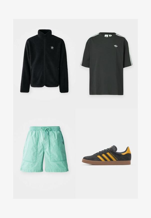 Crna fleec jakna s visokim ovratnikom, prednjim zatvaračem i prednjim džepovima. Ima teksturirani materijal i mali bijeli logo na lijevoj strani prsnog koša.; Crna pamučna majica kratkih rukava, s okruglim izrezom i bijelim detaljima u obliku triju pruga na ramenima. Na prsima se nalazi mali bijeli logotip.; Nane šortsevi od lagane tkanine u mint zelenoj boji, s elastičnim strukom, vezicom i dva bočna džepa s šivenim detaljima.; Crne nubuk tenisice s žutim detaljima, sa tri pruge i smešnim gumenim potplatom. Imaju jastučić na jeziku za udobnost.