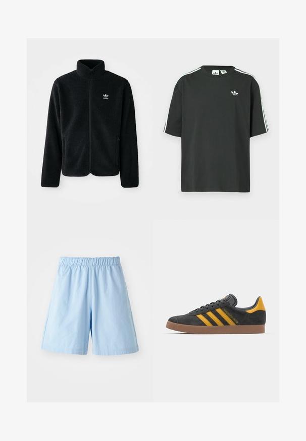 Juodas fliso džemperis su aukštu apykakle, užtrauktuku priekyje ir priekinėmis kišenėmis. Ypatybės: tekstūruota medžiaga ir mažas baltas logotipas kairėje krūtinės pusėje.; Juoda medvilninė trumpų rankovių marškinėliai su apvalia apykakle ir trimis baltomis juostelėmis ant pečių. Priekyje yra mažas baltas logotipas.; Šviesiai mėlynos, elastinga juosmens juosta su kelnėmis, pagamintomis iš tekstūruoto audinio. Turi šonines kišenes ir laisvą siluetą, tinkamą kasdieniam dėvėjimui.; Juodas zomšinės sportbačiai su geltonais akcentais, turintys tris juosteles ir rudą gumos padą. Apima paminkštintą liežuvėlį patogumui.