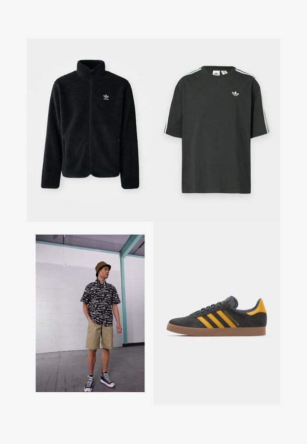 Jachetă din fleece neagră cu guler înalt, fermoar pe față și buzunare frontale. Caracteristici ale materialului texturat și un mic logo alb pe pieptul stâng.; Tricou negru din bumbac cu mâneci scurte, guler rotund și detalii albe cu trei dungi pe umeri. Prezintă un logo mic alb pe piept.; Cămașă scurtă alb-negru cu un model de logo, șorturi khaki și adidași negri cu guler înalt. Pălărie din fetru bej și sârme vizibile.; Tenisi negri din suede cu accente galbene, având trei dungi și o talpă din cauciuc maroniu. Include un limba căptușită pentru confort.