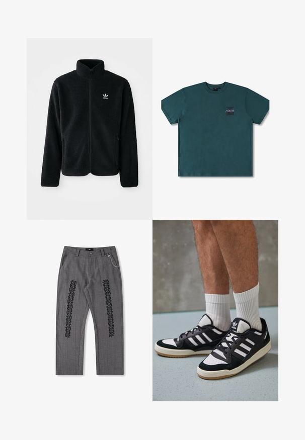 Casaco de fleece preto com gola alta, fecho de correr à frente e bolsos frontais. Apresenta um tecido texturizado e um pequeno logo branco no lado esquerdo do peito.; T-shirt de algodão azul-água com decote redondo e mangas curtas. Apresenta um pequeno logótipo gráfico em roxo na parte superior esquerda do peito.; Calças xadrez cinza com detalhe em texto preto ao longo dos lados, apresentando um accentuador de corrente na cintura. Design de pernas retas, tecido texturizado.; Ténis em preto e branco com upper em camurça e couro, apresentando três riscas brancas, um toe perfurado e uma sola em borracha de goma.
