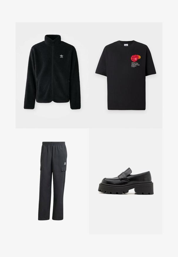 Black fleece jacket with high collar, zip front, and front pockets. Features textured fabric and small white logo on left chest.; Black cotton t-shirt with a round neck, short sleeves, featuring a red basketball graphic and text reading "Adidas World Class Basketball Exhibition."; Black cargo pants with an elastic waistband, two side pockets, and a subtle logo on the left thigh. Made from a lightweight fabric.; Black leather loafers with a chunky rubber sole, featuring a raised platform and a strap across the instep. Smooth texture and rounded shape.