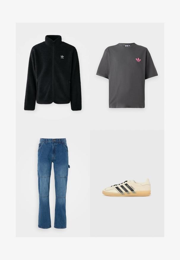 Musta fleece-takki, jossa on korkea kaulus, vetoketjusuljenta ja etutaskut. Käyttää teksturoitua kangasta ja siinä on pieni valkoinen logo vasemmassa rinnassa.; Tumma harmaa lyhythihainen T-paita, jossa on pieni vaaleanpunainen Adidasin kolmonen-logo vasemmassa rintamuksessa, esillä valkoista taustaa vasten.; Siniset farkut suoran lahkeen muotoilulla, joissa on sauman yksityiskohtia ja napin sulkeminen. Kangas näyttää haalistuneelta pesulta ja siinä on sileä rakenne.; Vaalean kerma sneaker, jossa on musta kolmiraidallinen muotoilu, teksturoitu yläosa, pyöreä kärki ja kumipohja. Varustettu nauhoilla ja brändäyksellä sivulla.