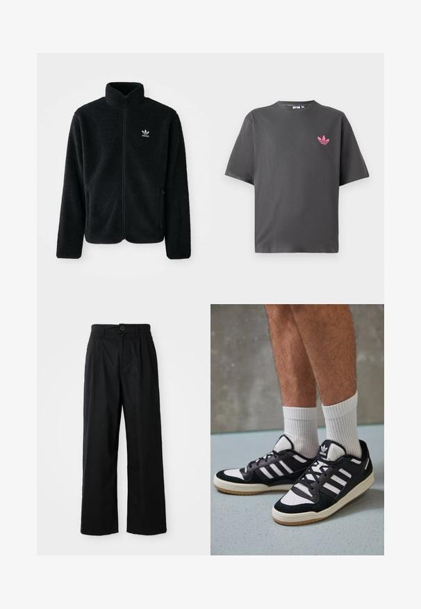 Casaco de fleece preto com gola alta, fecho de correr à frente e bolsos frontais. Apresenta um tecido texturizado e um pequeno logo branco no lado esquerdo do peito.; T-shirt cinza escuro de manga curta com um pequeno logotipo trefoil rosa da Adidas no lado esquerdo do peito, exibido contra um fundo branco.; Calças largas pretas em algodão com uma textura suave, apresentando um fecho frontal com botão e dois bolsos laterais.; Ténis em preto e branco com upper em camurça e couro, apresentando três riscas brancas, um toe perfurado e uma sola em borracha de goma.