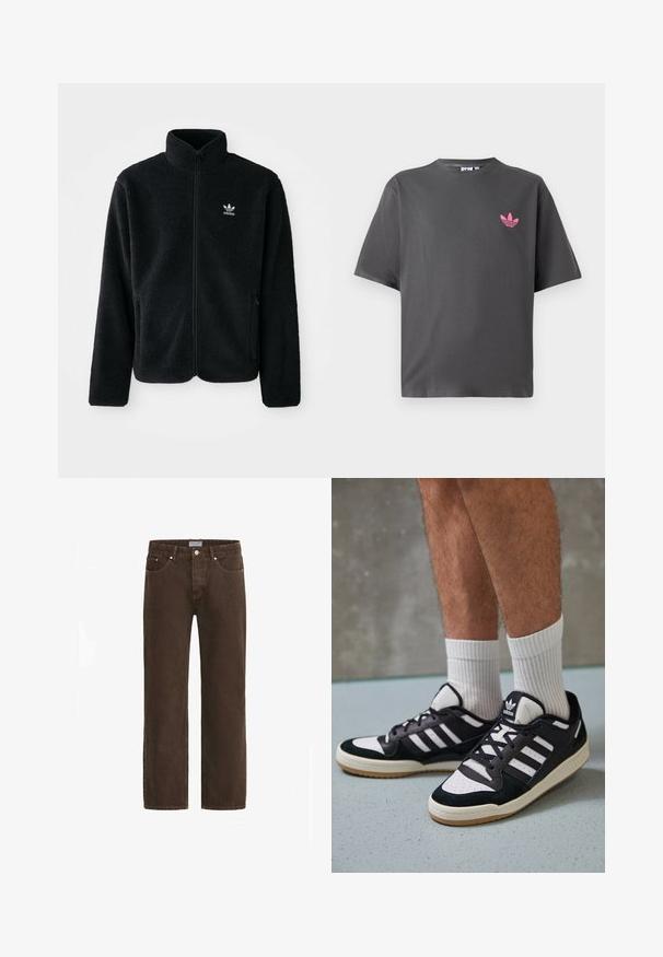 Czarna polarowa kurtka z wysokim kołnierzem, zamek z przodu i kieszeniami z przodu. Posiada teksturowany materiał i małe białe logo na lewej piersi.; Ciemnoszara koszulka z krótkim rękawem z małym różowym logo trefoil Adidas na lewej piersi, zaprezentowana na białym tle.; Brązowe dżinsy wykonane z denimu z prostym krojem nogawki, pięcioma kieszeniami i metalowymi elementami. Posiadają zapięcie na guzik oraz metkę z logo na pasku.; Czarno-białe sneakersy z zamszową i skórzaną cholewką, z trzema białymi paskami, perforowanym czubkiem i gumową podeszwą w kolorze gumy.