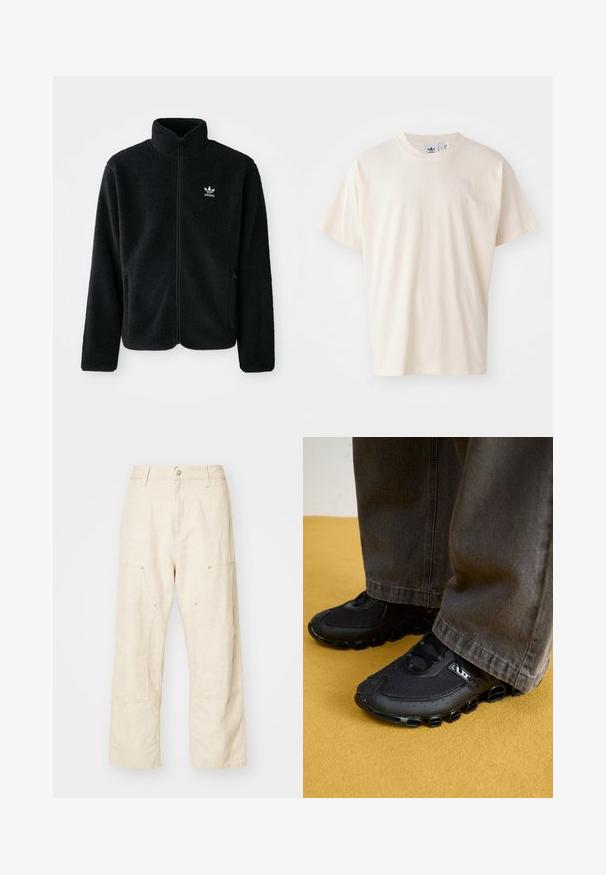 Svart fleecejakke med høy krage, glidelås foran og frontlommer. Har strukturert stoff og liten hvit logo på venstre bryst.; Kremfarget bomullst-skjorte med rund hals og korte ermer; har en liten, lysfarget logo på brystet.; Lette vidbukser i lys beige, med frontlommer, knaplukning og synlige syninger for ekstra tekstur.; Svarte joggesko med mesh-overdel, buet såle og distinkte runde detaljer. Kombinert med mørke, løse bukser.