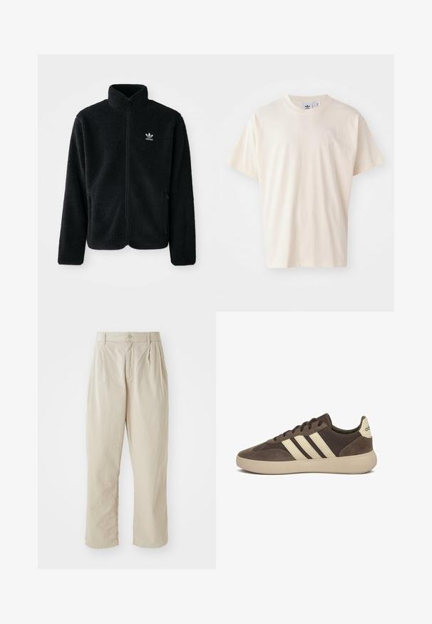 Chupa de forro polar negro con cuello alto, cierre frontal y bolsillos delanteros. Presenta tela texturizada y un pequeño logo blanco en el lado izquierdo del pecho.; Camiseta de algodón color crema con cuello redondo y mangas cortas; presenta un pequeño logo de color claro en el pecho.; Pantalones beige, ligeros, con un ajuste relajado, pliegues doblados en la parte delantera, cierre de botón y dobladillos con puños. Textura suave, diseño minimalista.; Zapatilla de gamuza marrón con tres rayas blancas, punta redondeada, suela gruesa de goma y marca mínima en el talón.