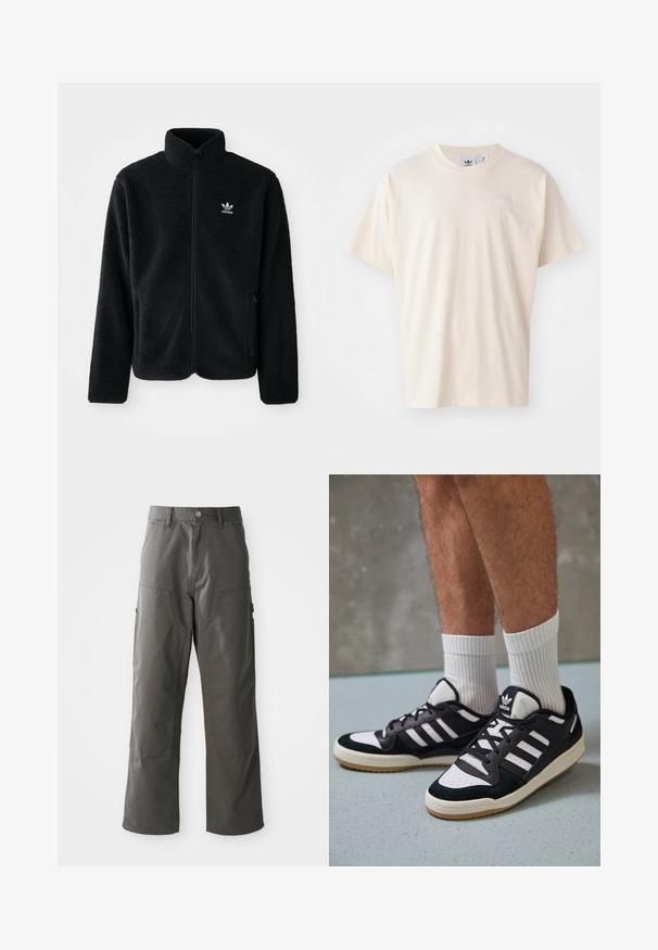 Juodas fliso džemperis su aukštu apykakle, užtrauktuku priekyje ir priekinėmis kišenėmis. Ypatybės: tekstūruota medžiaga ir mažas baltas logotipas kairėje krūtinės pusėje.; Kremo spalvos medvilnės marškinėliai su apvaliu iškirpimu ir trumpomis rankovėmis; ant krūtinės yra mažas, šviesios spalvos logotipas.; Pilki krovinių šortai su tiesia kojų forma, turintys dvi priekinės kišenes ir papildomas šonines kišenes saugojimui. Pagaminti iš patvarios medžiagos.; Juodos ir baltos sportinės bateliai su zomšiniu ir odiniu viršumi, su trimis baltomis juostelėmis, perforuota koja ir guminėmis padais.