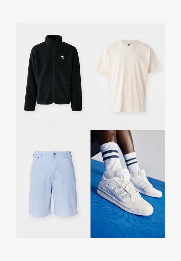 Jachetă din fleece neagră cu guler înalt, fermoar pe față și buzunare frontale. Caracteristici ale materialului texturat și un mic logo alb pe pieptul stâng.; Tricou din bumbac crem cu guler rotund și mâneci scurte; prezintă un mic logo de culoare deschisă pe piept.; Pantaloni scurți de un albastru deschis, fabricați din bumbac. Au închidere cu button, două buzunare frontale și o croială dreaptă cu tivuri rulate.; Adidași albaștri din piele cu accente perforate, trei dungi metalice și un panou lateral texturat. Purtați cu șosete albe cu dungi albastre.